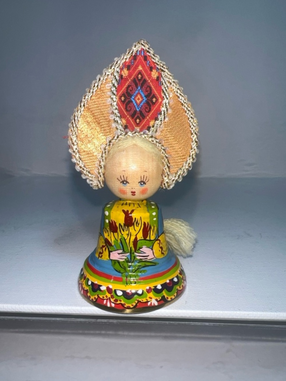 Vintage Russian Wooden Hand Painted Bell Doll Figure Kokoshnik Folk Art Braided